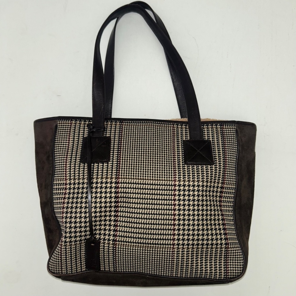 Ralph Lauren Vintage Houndstooth Plaid Tote Brown Suede and Leather - Picture 13 of 14